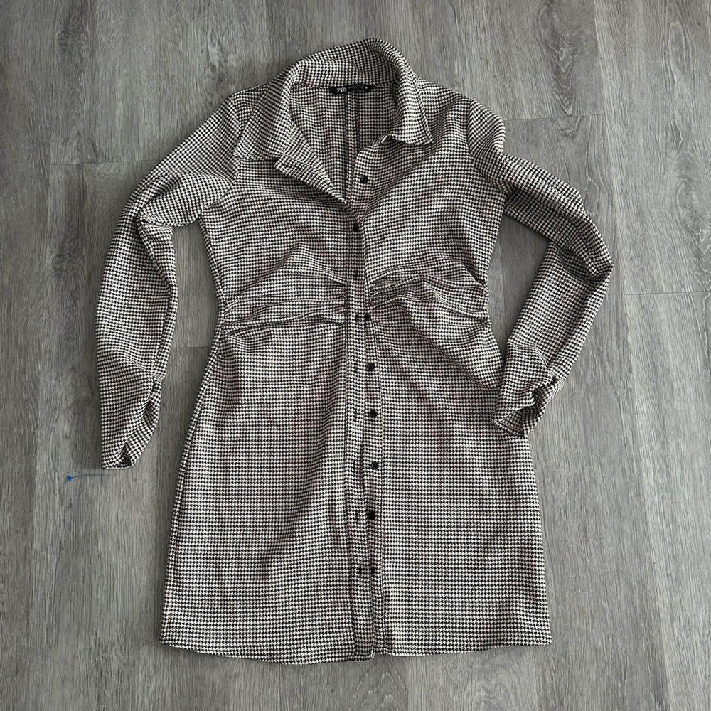 Zara Houndstooth Pattern Shirt Dress